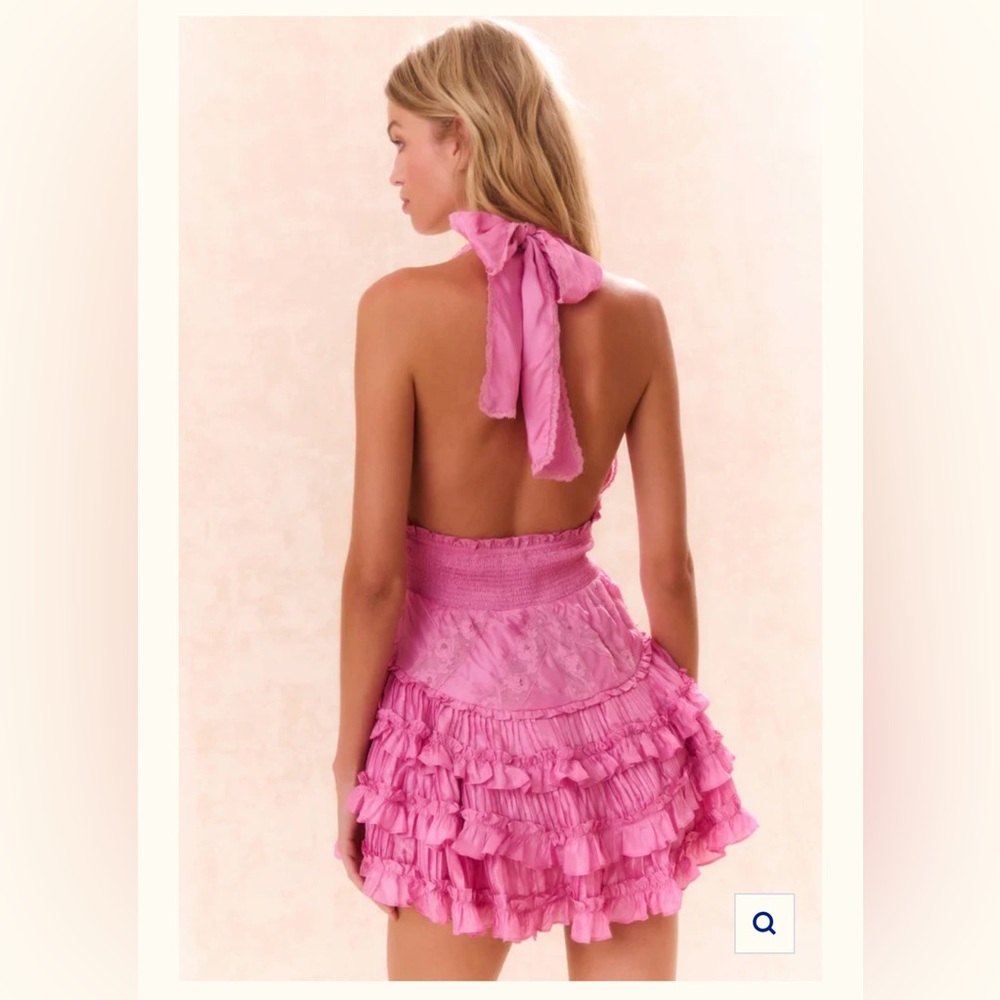 Love Shack Fancy- Quintelle Ruffle Halter Mini Dress- Tulip Pink - Picture 6 of 13